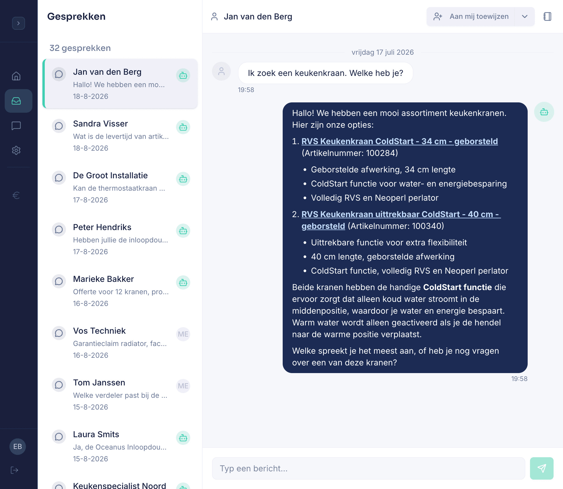 Inbox van Layercake: een klant vraagt om een keukenkraan, de AI antwoordt met artikelnummers en specificaties